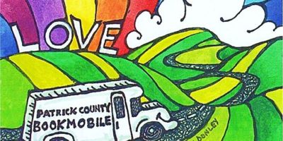 stylized rainbow and colorful green hills with the bookmobile driving long and Love in the background