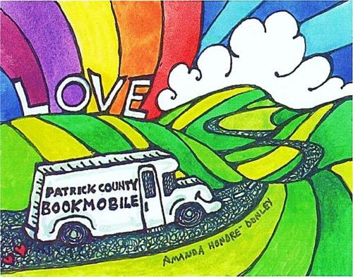 stylized rainbow and colorful green hills with the bookmobile driving long and Love in the background